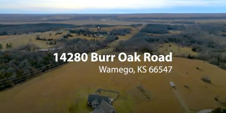 An aerial view of a farm with the words burn oak road.